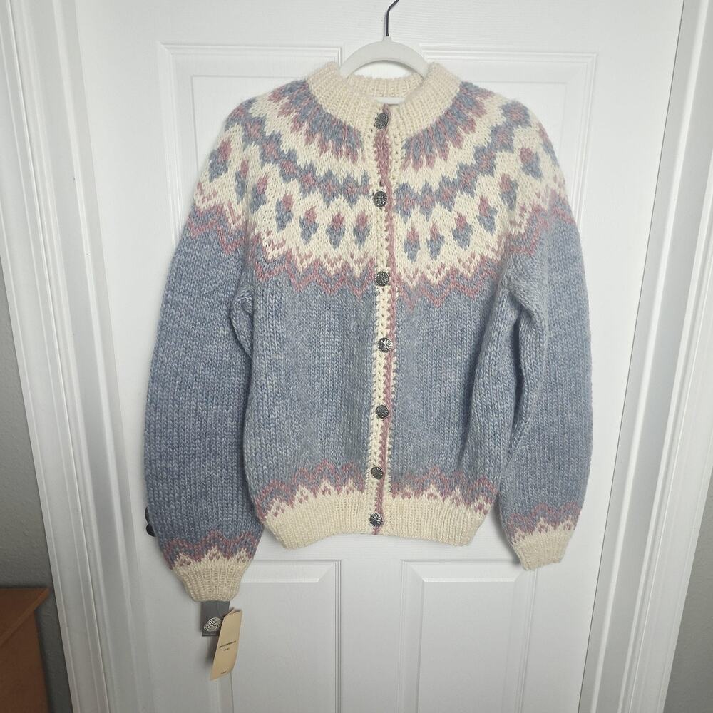 Fron Enterprises Ltd Cardigan Sweater Womens XL Blue Icelandic Wool Fair Isle